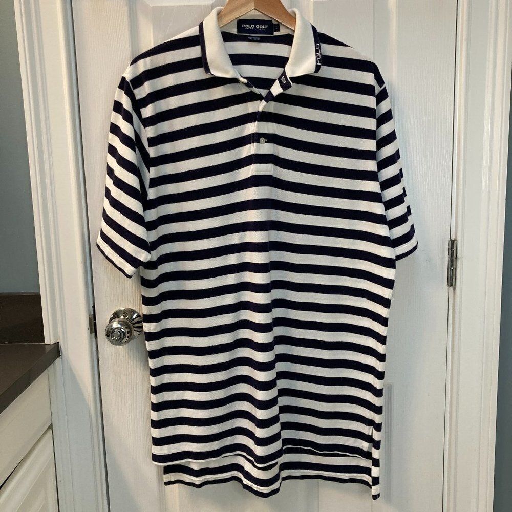 Ralph Lauren Polo Golf Polo on Collar White Blue Striped Polo Size Large